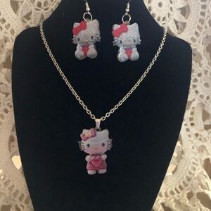 NWT Hello Kitty Silver and Pink Necklace and Earrings Set